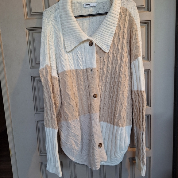 Sonoma Cotton Cardigan SzL Tan/Creme Block Colors Curved Hem Collar Long Sleeves - Picture 5 of 9
